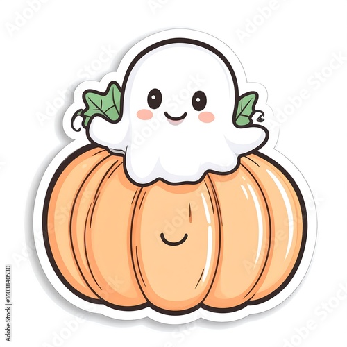 Cute Cartoon Ghost Sitting Atop a Smiling Pumpkin with Green Leaves for Halloween charming