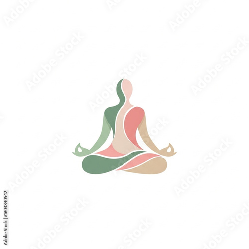 Abstract illustration of a person in a lotus position, meditating with hands in mudra, rendered in soft pastel colors.