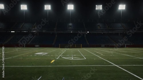 Empty stadium at night. Football field with white yard lines and seating in the background