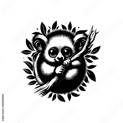 A cute vector illustration of a tarsier clinging to a branch