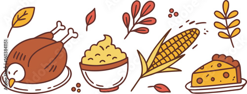 A charming hand drawn illustration of a thanksgiving feast featuring a roasted turkey mashed potatoes corn on the cob and pumpkin pie surrounded by autumn leaves