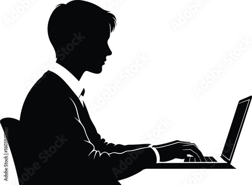 Businessman working at desk, CAD silhouette vector of man on laptop, office posture sketch, formal work setup, tech workspace design