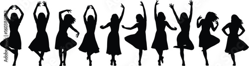 Female dancers in graceful poses, CAD vector silhouette set, dress motion sketch, expressive choreography sequence, elegant movement illustration series