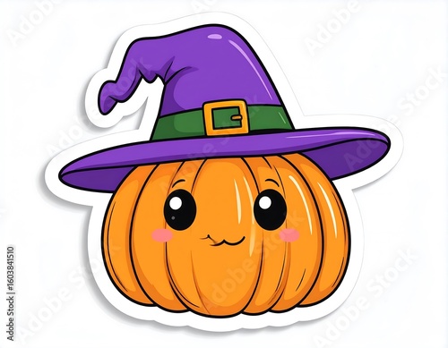 Cute Cartoon Pumpkin Wearing a Witch Hat for Halloween Celebration and Decoration This cartoon