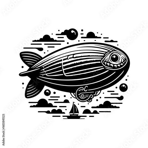 Vintage airship illustration with clouds and sailboat in black and white