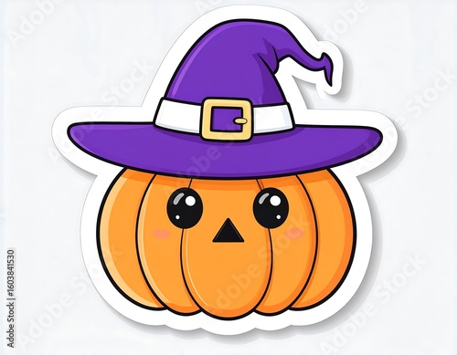 Cute Cartoon Pumpkin Wearing a Purple Witch Hat with a Gold Buckle Illustration cartoon