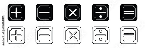 set of plus and minus symbols in circular and square shapes, positive and negative signs, vector black and white icons, geometric symbols for math.   Plus, minus, multiply, divide icon vector set 