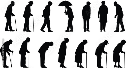 Cad drawing flat vector illustration of senior people silhouettes with walking sticks and umbrellas, ideal for lifestyle, age, health, social care