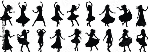 Cad drawing flat vector illustration of dancing female silhouettes, expressive movement, elegant poses, skirt flow, artistic choreography scene