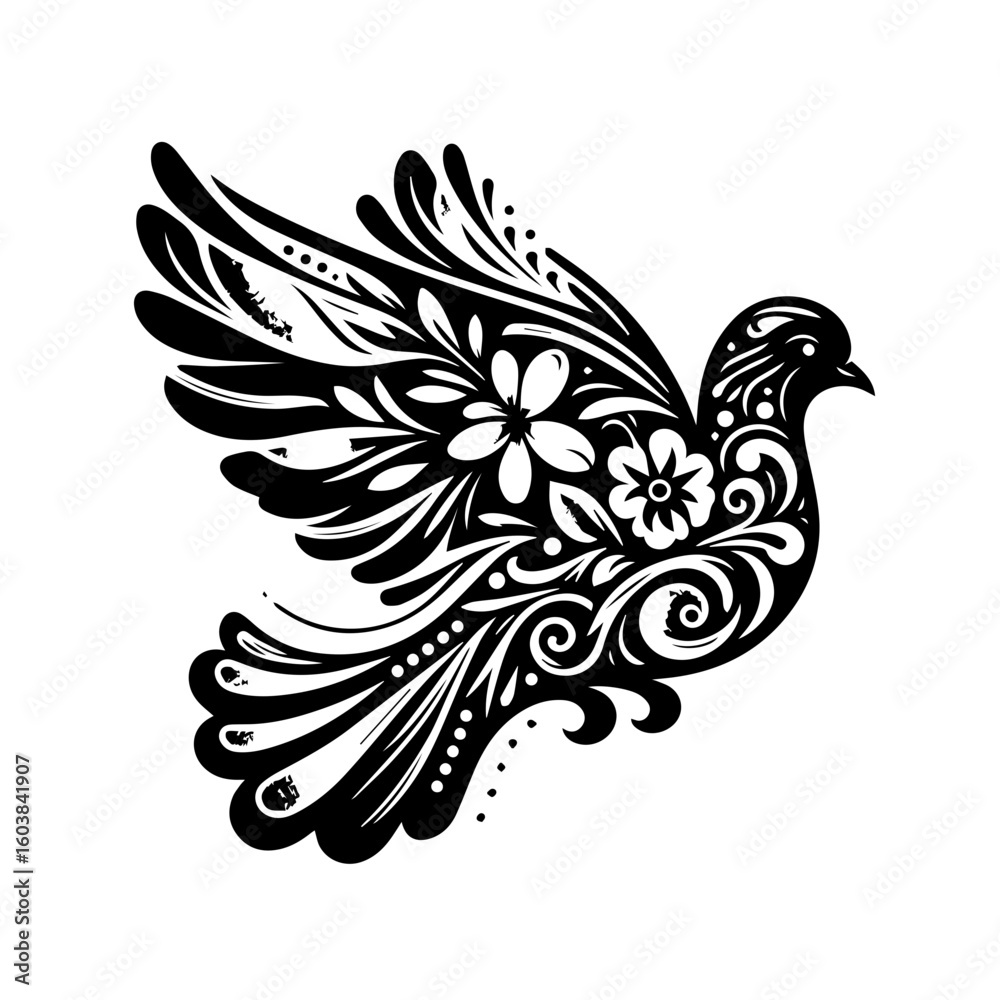 Obraz premium Dove in flight with floral patterns in a graphic illustration