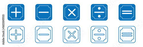 set of plus and minus symbols in circular and square shapes, positive and negative signs, vector black and white icons, geometric symbols for math.   Plus, minus, multiply, divide icon vector set 