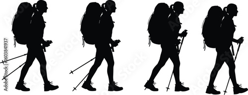 Cad drawing flat vector illustration of hikers walking in silhouette with backpacks and trekking poles, ideal for travel, adventure, outdoor activity