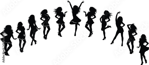 Cad drawing flat vector illustration of dancing women silhouettes in fashion poses, perfect for lifestyle, dance, elegance, design concepts