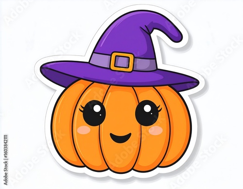 Cute Cartoon Pumpkin Wearing a Purple Witch Hat for Halloween Celebration Sticker cartoon illustration