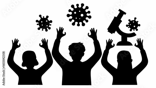 Silhouettes of three people with raised hands and viruses and microscope in black and white color scheme