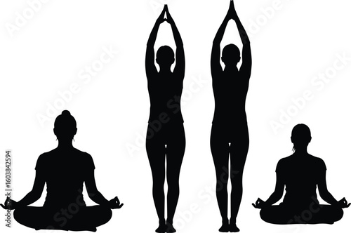 Cad drawing flat vector illustration of yoga posture silhouettes, meditation poses, wellness lifestyle, calm exercise, indoor relaxation activity