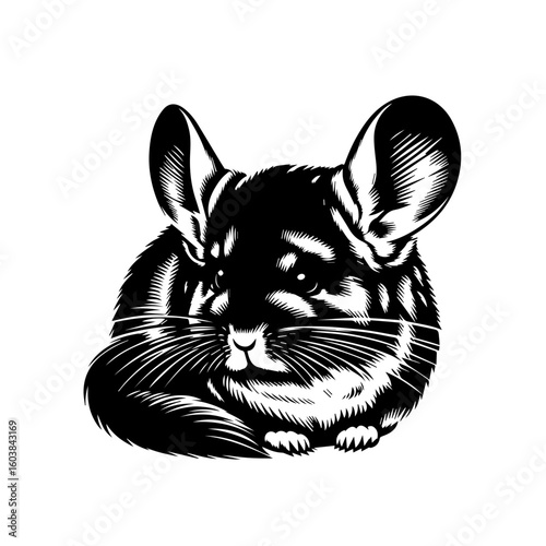 Black and white illustration of a cute chinchilla head