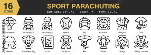 Sport Parachuting icon set. Editable Stroke Icon Collection. Includes parachute, sport, sky, adventure, extreme, and More. Outline icons vector collection.