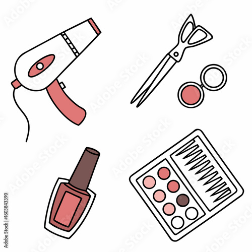 A collection of beauty and hair care tools including a hairdryer scissors nail polish and makeup palette presented in a simple clean illustration style