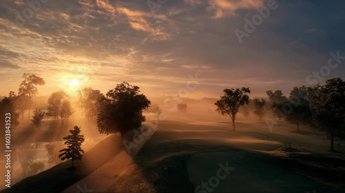 Sunrise over misty golf course with trees and scenic landscape  