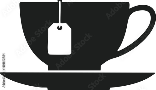 Silhouette of a teacup with a teabag on a saucer, minimalist black and white vector design