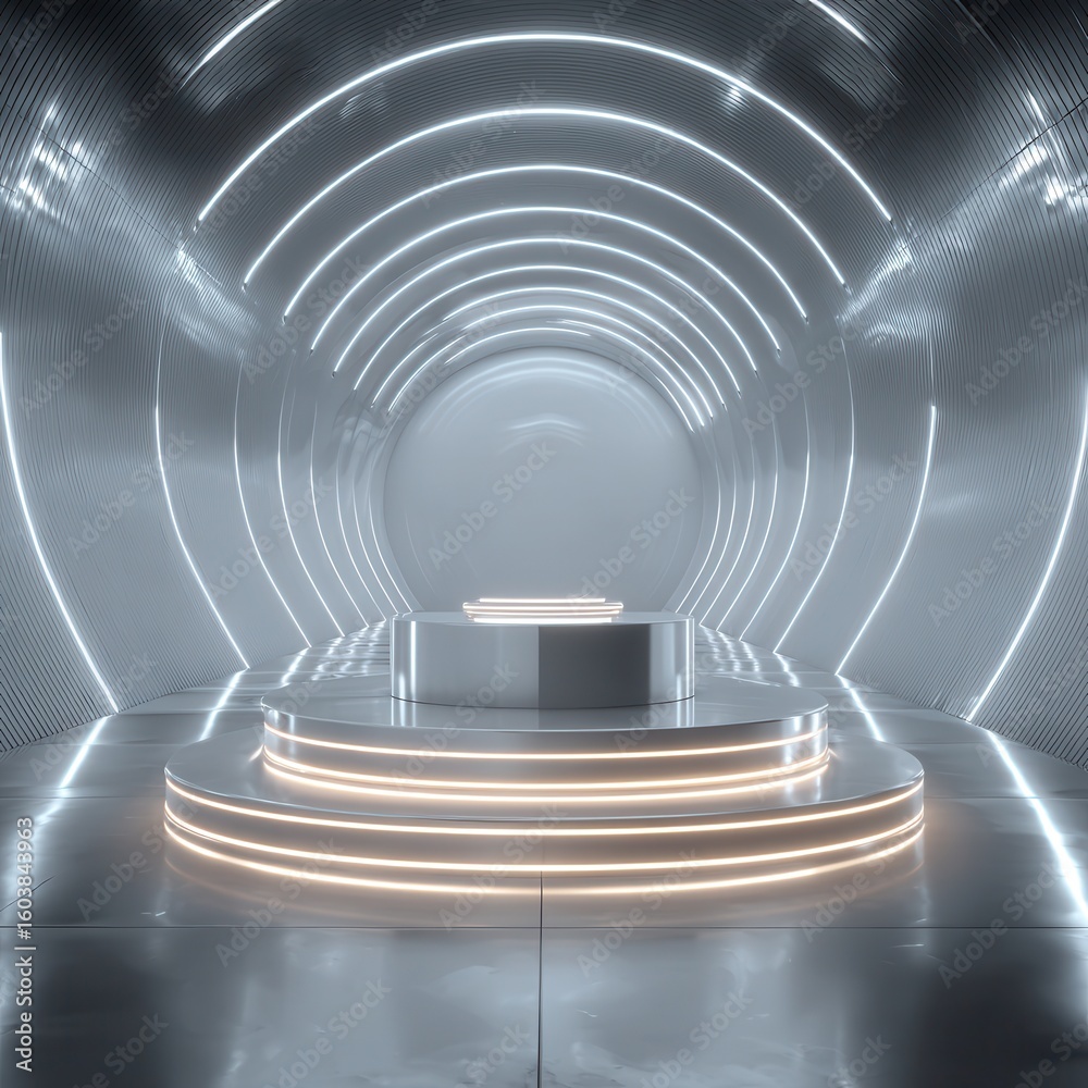 Fototapeta premium Sleek silver podium in a futuristic tunnel with neon light accents.
