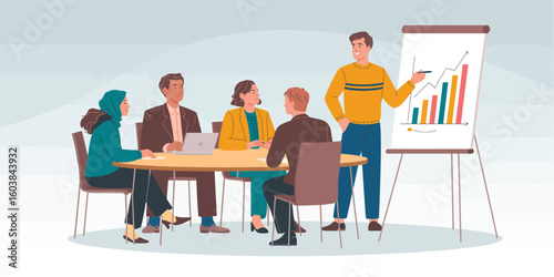 business strategy presentation with team discussion around table, presenter pointing at growing bar chart on flip chart in vector illustration
