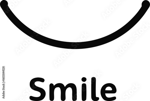 Simple black line drawing of a smile with the word smile.