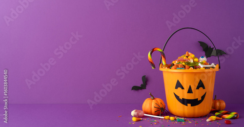 Orange jack-o-lantern bucket filled with assorted Halloween candy with a side view table purple backdrop
