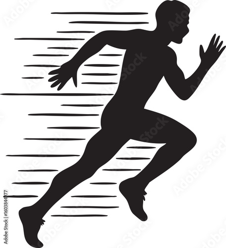 Vector Silhouette of Male Runner Mid-Sprint with Speed Lines and Dynamic Forward Motion on White Background