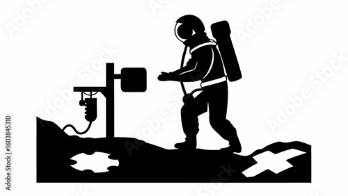 Silhouette of an astronaut working on a device on a planet surface with a backpack and helmet on