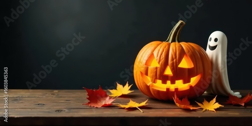 Illuminated Jack-o'-lantern with a friendly ghost and autumn leaves on a rustic wooden surface