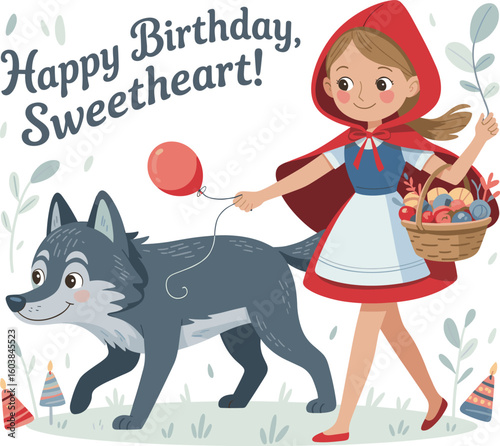 Little Red Riding Hood cartoon birthday greeting, cute girl with basket and wolf, fairy tale character illustration for kids card