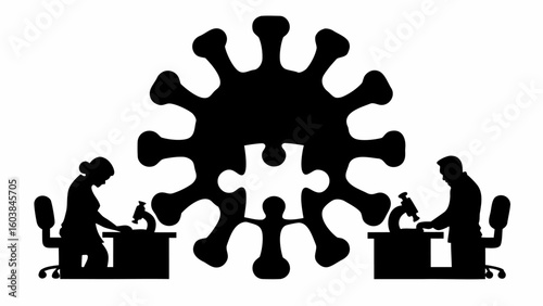 Silhouette of scientists working with microscopes under a large virus with a puzzle piece center