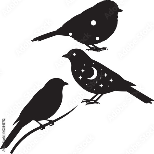 A vector silhouette illustration features a black bird with a prominent beak and wing, isolated against white, perched on a branch, embodying wild nature