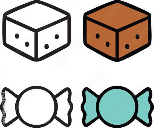 A set of simple icons depicting a sugar cube and a wrapped candy, shown in both black and white outline and colored versions.