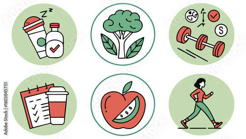 Healthy lifestyle icons representing nutrition exercise sleep and planning for well being and personal growth