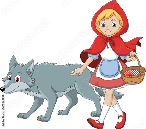 Little Red Riding Hood walking with wolf, girl in red cloak holding basket, fairy tale cartoon character isolated on white background