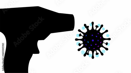 Black silhouette of a spray gun pointed at a virus cell with blue and purple spots and light halo