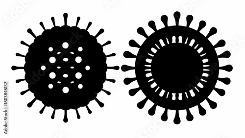 Two black virus shapes with spikes and internal structures on a white background in a simple vector style