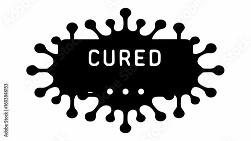 Black coronavirus shape with the word cured in white letters inside a rectangular box design element