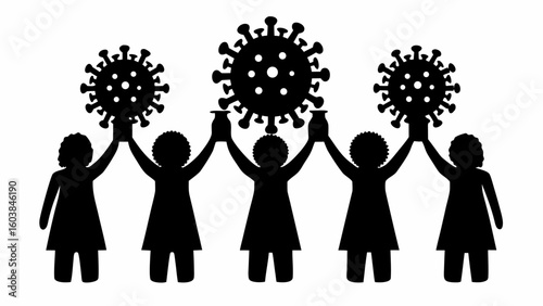 Five silhouettes of people holding up coronavirus symbols in a united front against the pandemic threat