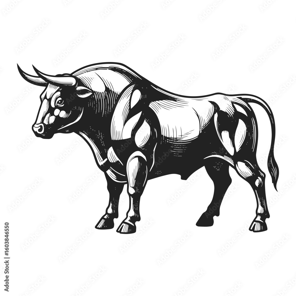 Obraz premium Dynamic Linocut Artwork of a Bull in Powerful Pose - High Contrast Black and White Vector Illustration