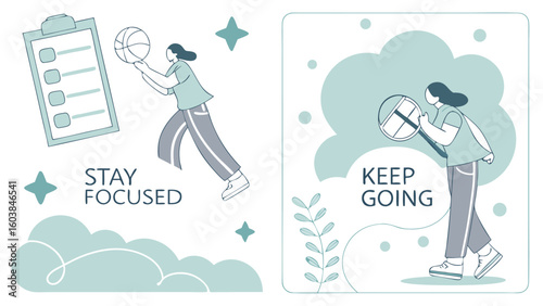 Inspirational illustrations depicting a person staying focused on goals and continuing forward with determination and a positive mindset