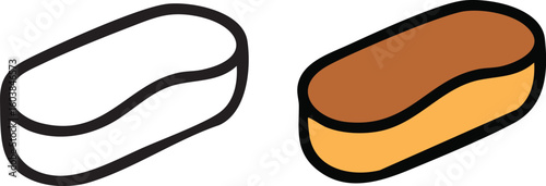 Minimalist vector icons of a chocolate eclair, presented in both outline and full-color styles.