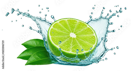 Fresh lime slice splashing water with green leaves isolated on transparent background