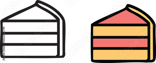 Two icons of a three-layered cake slice, one in black outline and one colored.