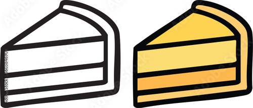 Two simple icons of a layered cake slice, one a black outline and the other colored yellow.