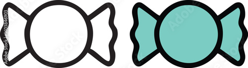 Two simple graphic icons of wrapped candy, one is a black outline and the other is filled with teal.