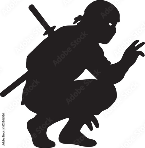 Vector Graphic of Stealthy Ninja in Low Stance with Mask and Sword in Stylized Silhouette